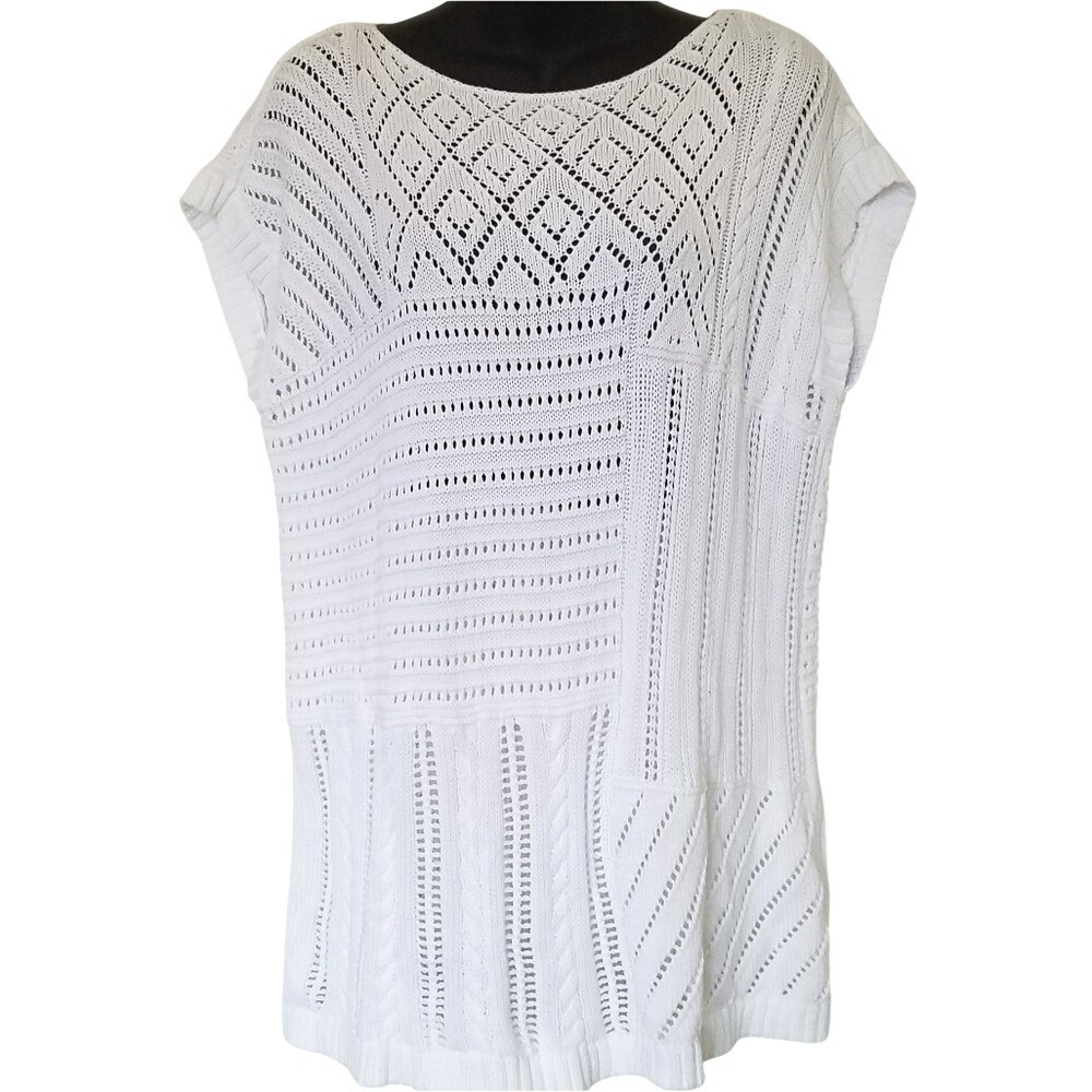 Chaps Denim White Cotton Patchwork Pointelle Cable Knit‎ Short Sleeve Sweater M